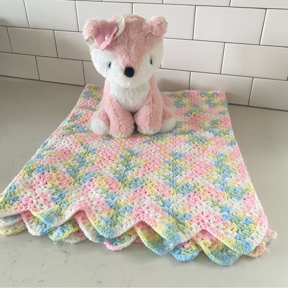 Other - Lovely Handmade Multicolored Crocheted Scalloped Edge Baby Blanket & Fox.